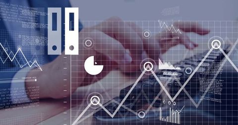 Hands typing at laptop with digital data dashboard overlay