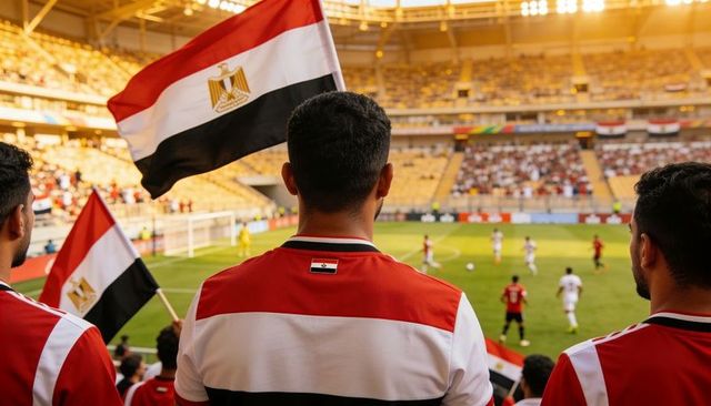 Egyptian football supporters waving national flags and wearing red jerseys in stadium