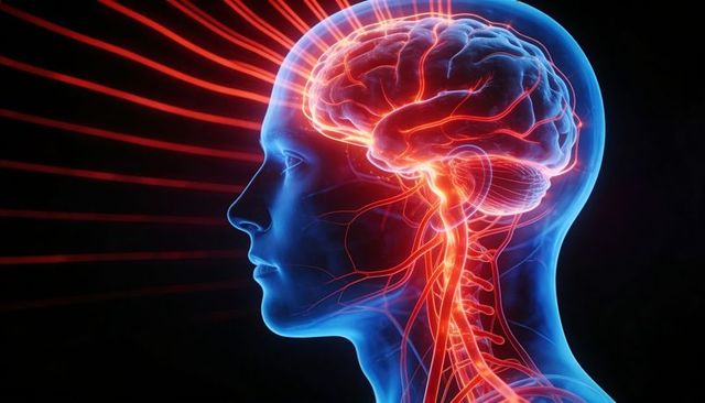 Translucent head revealing glowing brain and spinal cord with neural pathway visualization
