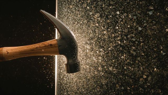 Claw hammer shattering glass pane with backlit shards and flying fragments