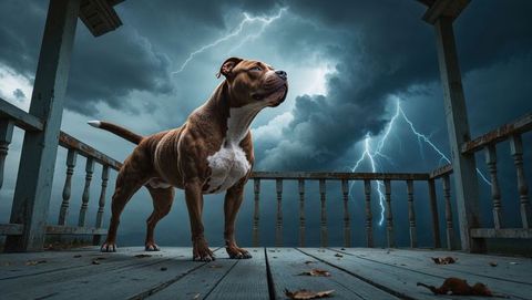 Majestic pitbull dog on wooden porch with dramatic lightning storm