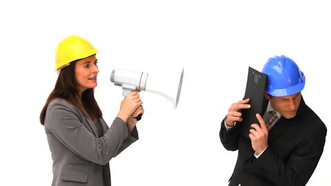 Business Professionals Communicate Using Megaphone with Helmets