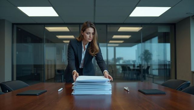 Executive woman arranging large document stack on conference table in modern glass office