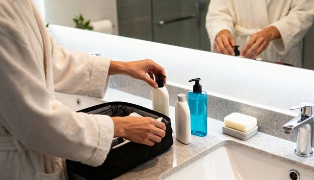 Packing toiletry bag for trip woman in white bathrobe placing pump bottles on bathroom counter