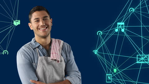 Chef Interacting with Digital Network of Icon Connections