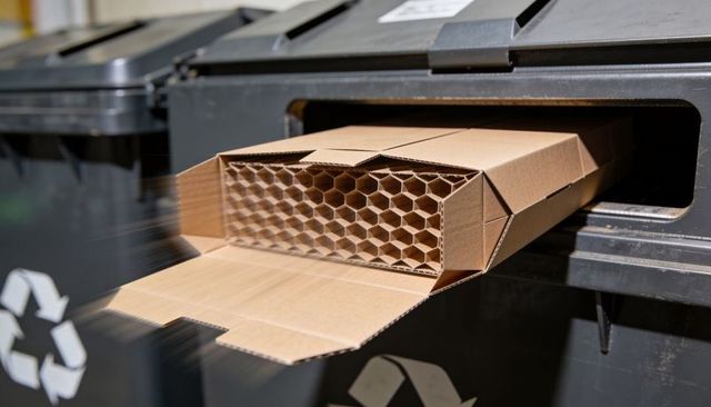 Inserting cardboard honeycomb panel into recycling bin slot in garage