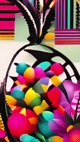 Vertical Abstract Pineapple Opening with Colorful Geometric Forms Cycling Over Color-Block Backdrop