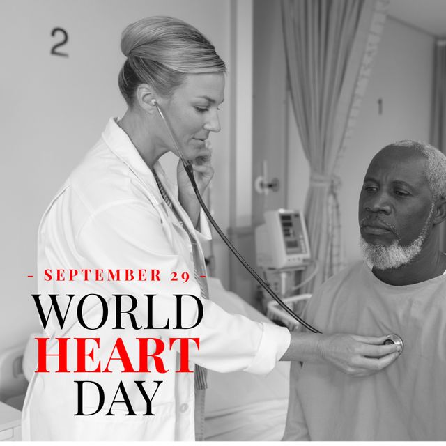 The image depicts a Caucasian female doctor performing a heart checkup on an elderly male patient using a stethoscope in a hospital setting, accompanied by 'World Heart Day' text. This stock photo is perfect for promoting heart health awareness, medical examinations, healthcare services, and health-related events. Use this image to emphasize the importance of regular health checkups and to mark World Heart Day in any health campaigns or medical publications.