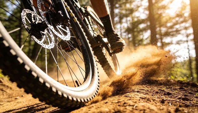 Mountain bike cornering dusty singletrack trail close-up wheel disc brake kicking dust