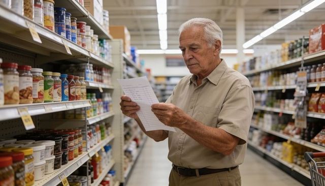 Senior man reading shopping list and comparing pantry items in supermarket aisle