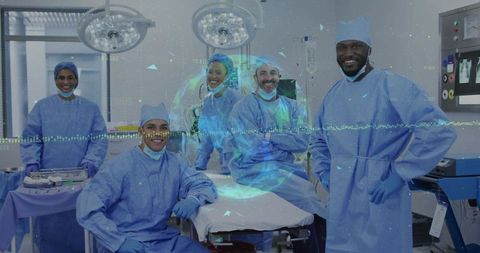 Surgical Team Posing in Modern Operating Room with Augmented Globe Data Overlay