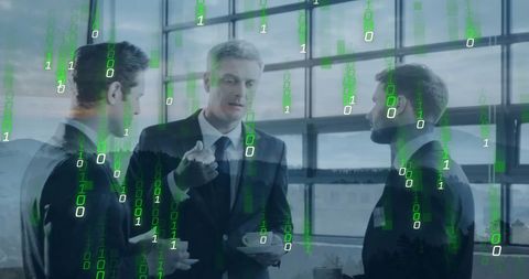 Binary Code Overlaying Business Meeting in Modern Office - Download Free Stock Images Pikwizard.com