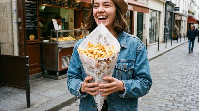 Laughing woman wearing denim jacket and beret holding pommes frites cone on cobblestone street