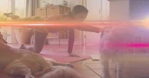 Woman Practicing Yoga with Dogs in Sunlit Living Room
