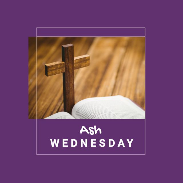 Composition of ash wednesday text and christian cross on wooden background. Ash wednesday, christianity, faith and religion concept digitally generated image.