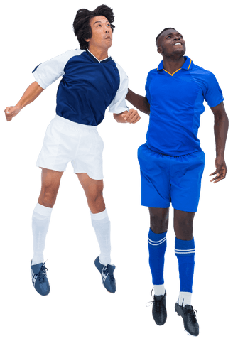 Diverse Soccer Players Competing in Mid-Air with Transparent Background