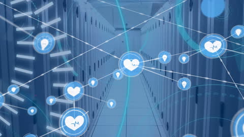 Digital Network Icons Overlay in High-Tech Server Room