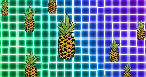 Retro trendy pineapples on neon grid background