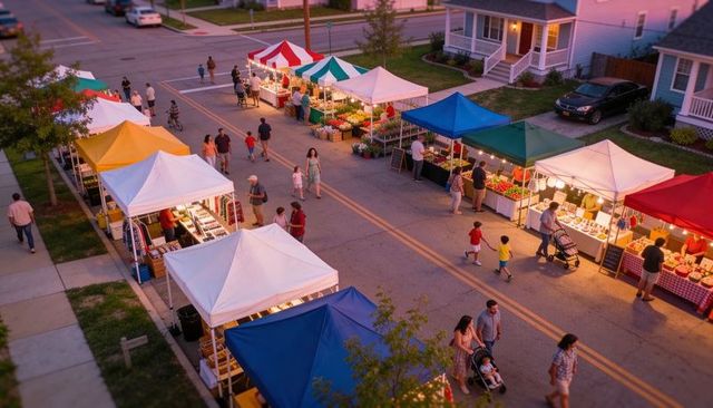 Twilight street market with colorful canopies and local vendors strolling and shopping