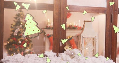 Christmas Tree Icons Falling Around Cozy Holiday Scene