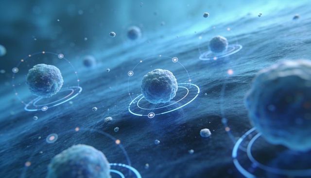 Holographic cells floating with concentric hud rings, microparticles and blue glow