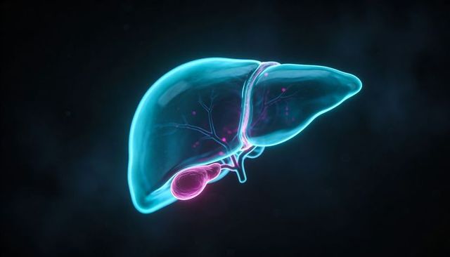 Neon 3d liver render with translucent hepatic tissue, glowing biliary ducts, gallbladder