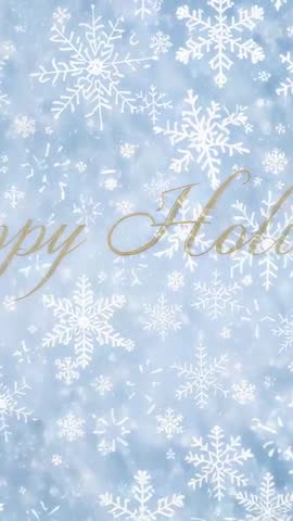 Vertical Holiday Greeting Video with Sliding Gold Script and Falling Snowflakes on Blue