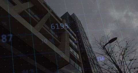 High-rise tower rising through digital grid conveying smart city data and urban finance