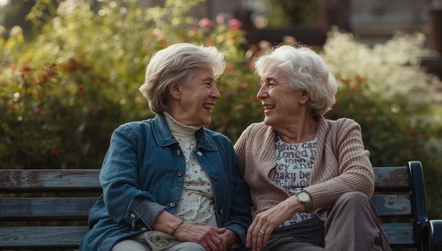 Two senior women laughing on park bench holding hands during golden hour outdoor companionship