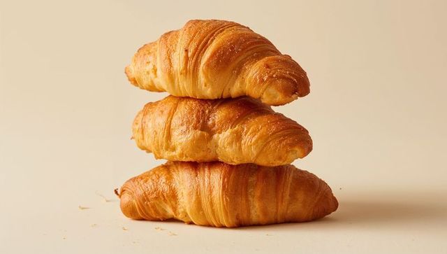 Stacking golden croissants showing flaky layers and buttery texture on beige backdrop