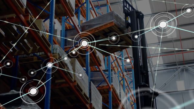 Visual representation of advanced technology integration in a modern warehouse setting. Linked icons suggest data connectivity and automated processes. Ideal for promoting themes related to logistic innovation, smart warehouse systems, and the impact of digital networks on distribution sectors.