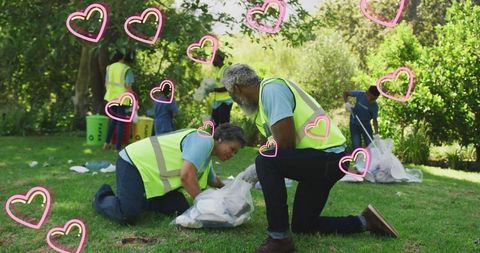 Volunteers cleaning countryside with heart overlay