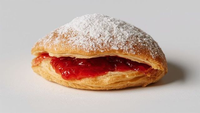 Golden puff pastry half-moon dusting powdered sugar and oozing glossy strawberry jam