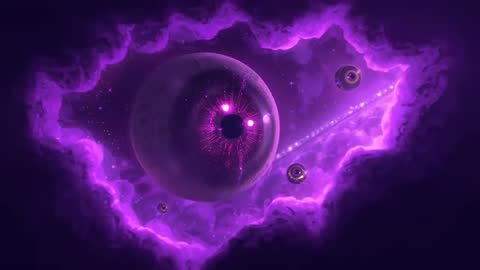 Galactic Eye Sphere Emitting Pulsating Violet Light in Cosmic Nebula