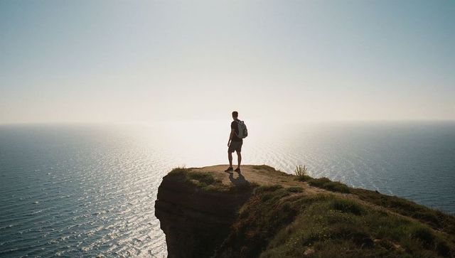 Hiker Standing on Cliff Edge Gazing Over Sunlit Ocean Horizon