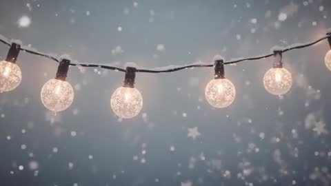 Glowing globe lights swaying in falling snow over cozy backyard porch