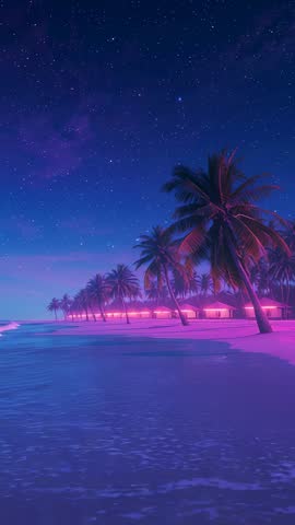 Rising Tide Lapping Shore with Neon Bungalows and Swaying Palms under Starry Sky