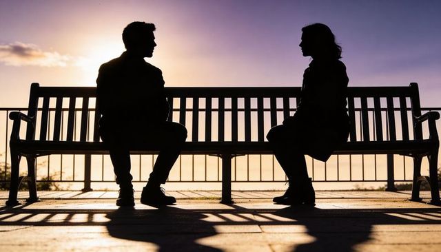 Sunset silhouette couple sharing quiet conversation on promenade bench, coastal backlight