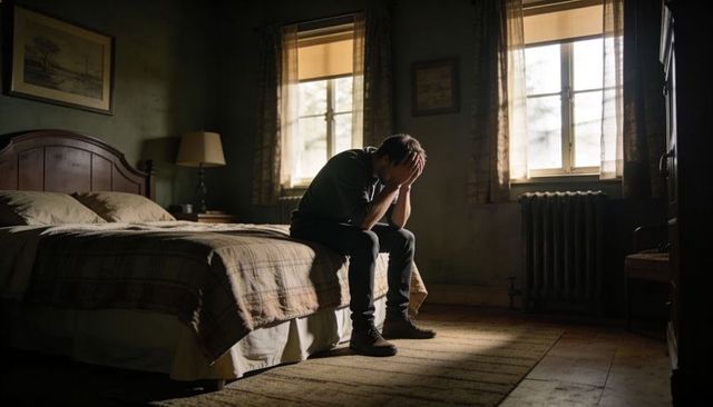 Man sitting on bed leaning forward covering face in moody sunlit bedroom