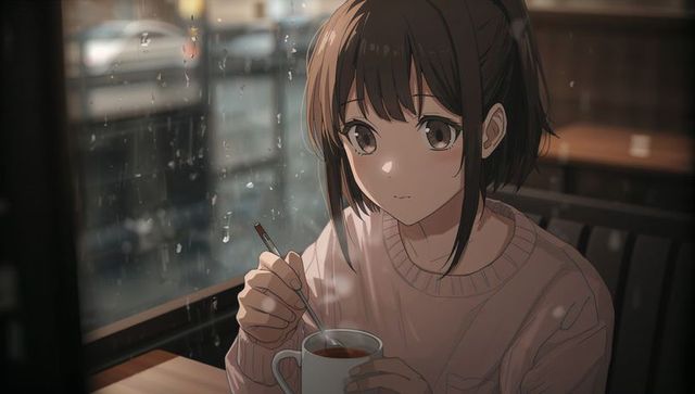 Contemplative Teen Girl at Rainy Cafe Chill Vibes AI Illustration
