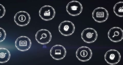 Floating Holographic Circular UI Icons over Navy Gradient Dashboard Analytics Education
