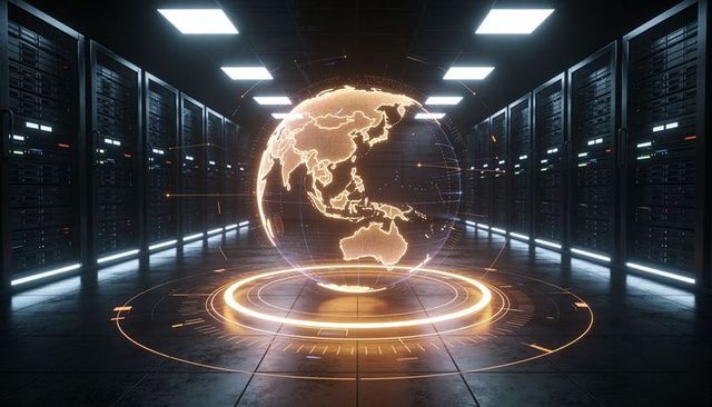 Holographic apac globe projecting in futuristic datacenter aisle with reflective neon hud rings