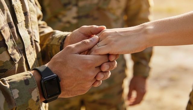 Soldier holding partner's hand showing engagement ring and smartwatch on sunlit training field