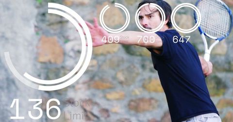 Tennis player performing with futuristic digital overlays on court