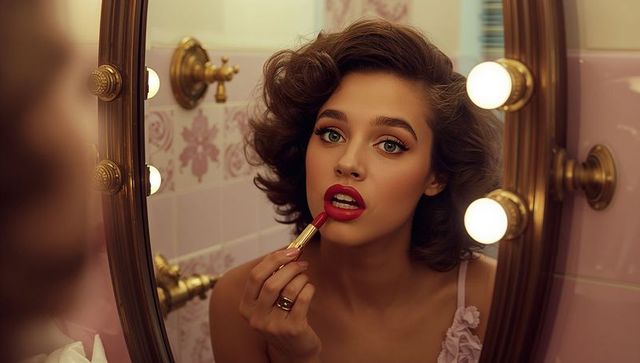 Glamorous Woman Applying Lipstick in Elegant Floral Bathroom