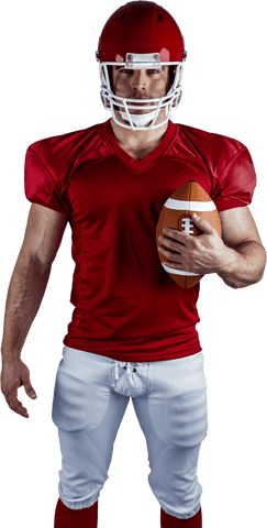 Image features American football player in red helmet and jersey holding ball. Useful for sports themes, athletic promotions, team spirit campaigns. Ideal for websites, advertisements focusing on American football.
