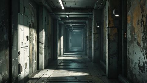 Futuristic industrial spaceship corridor with door panels