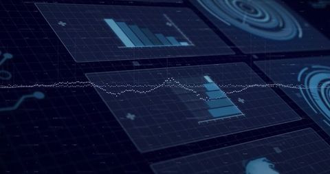Futuristic HUD displaying holographic data panels with central dotted waveform and bar charts