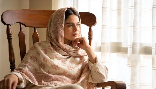 Contemplative woman wearing patterned shawl in wooden rocking chair near sheer curtains