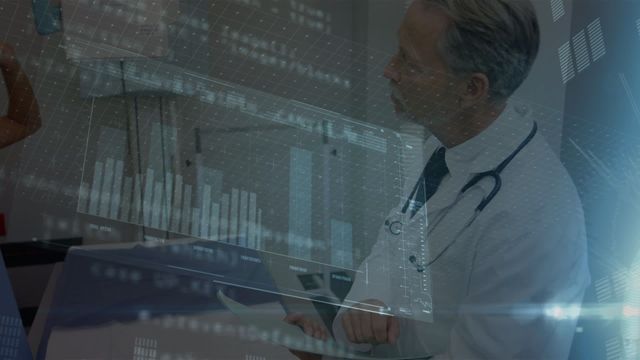 Overlay of medical professional with digital graphs, symbolizing integration of technology in healthcare industry and revolutionizing business in communications. Useful for topics covering future healthcare solutions, technological advancement in medicine, and modern business strategies.